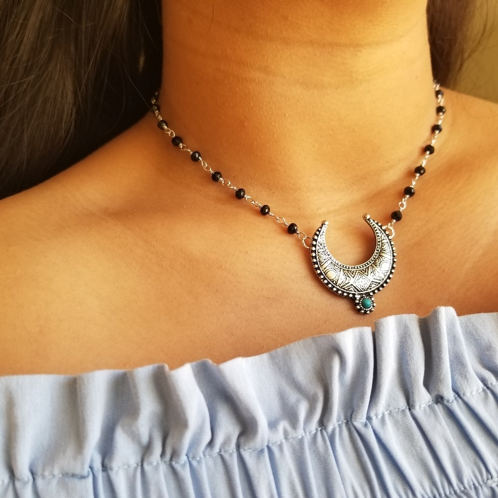 Crescent moon horn rosary choker necklace
